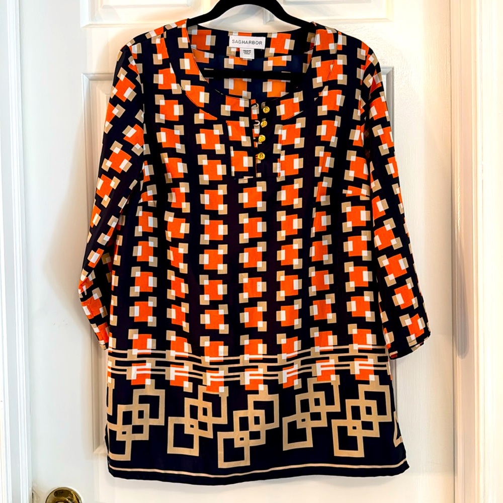 Sag Harbor Geometric Print Tunic Top Blue Orange Tan White Size M 3/4 Sleeve